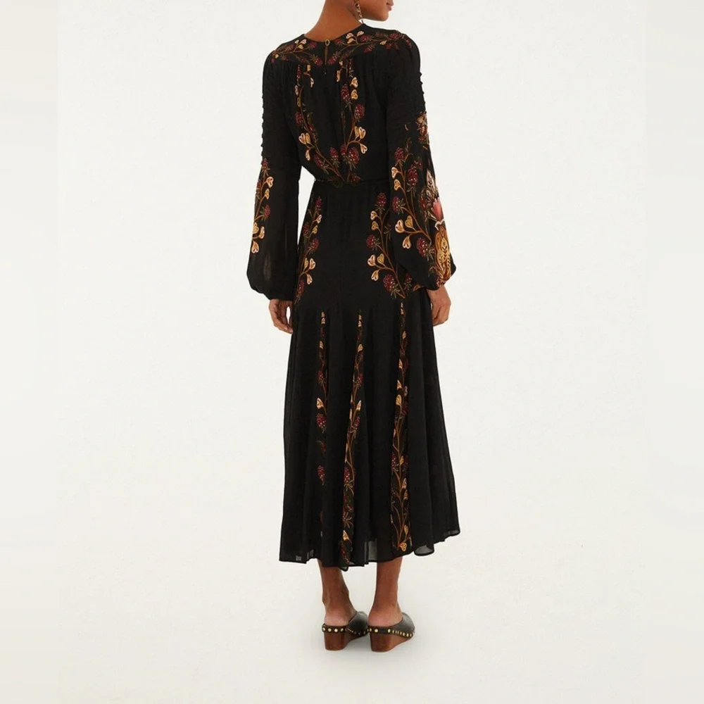 Farm Rio Black Berry Garden Long Sleeve Pleated Maxi Dress Size M - Picture 7 of 14